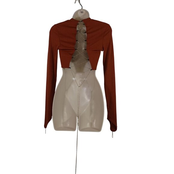 Brown 2-Piece Ribbed Long Sleeve Crop Top and Wide Leg Pants Women Size L - Picture 3 of 16